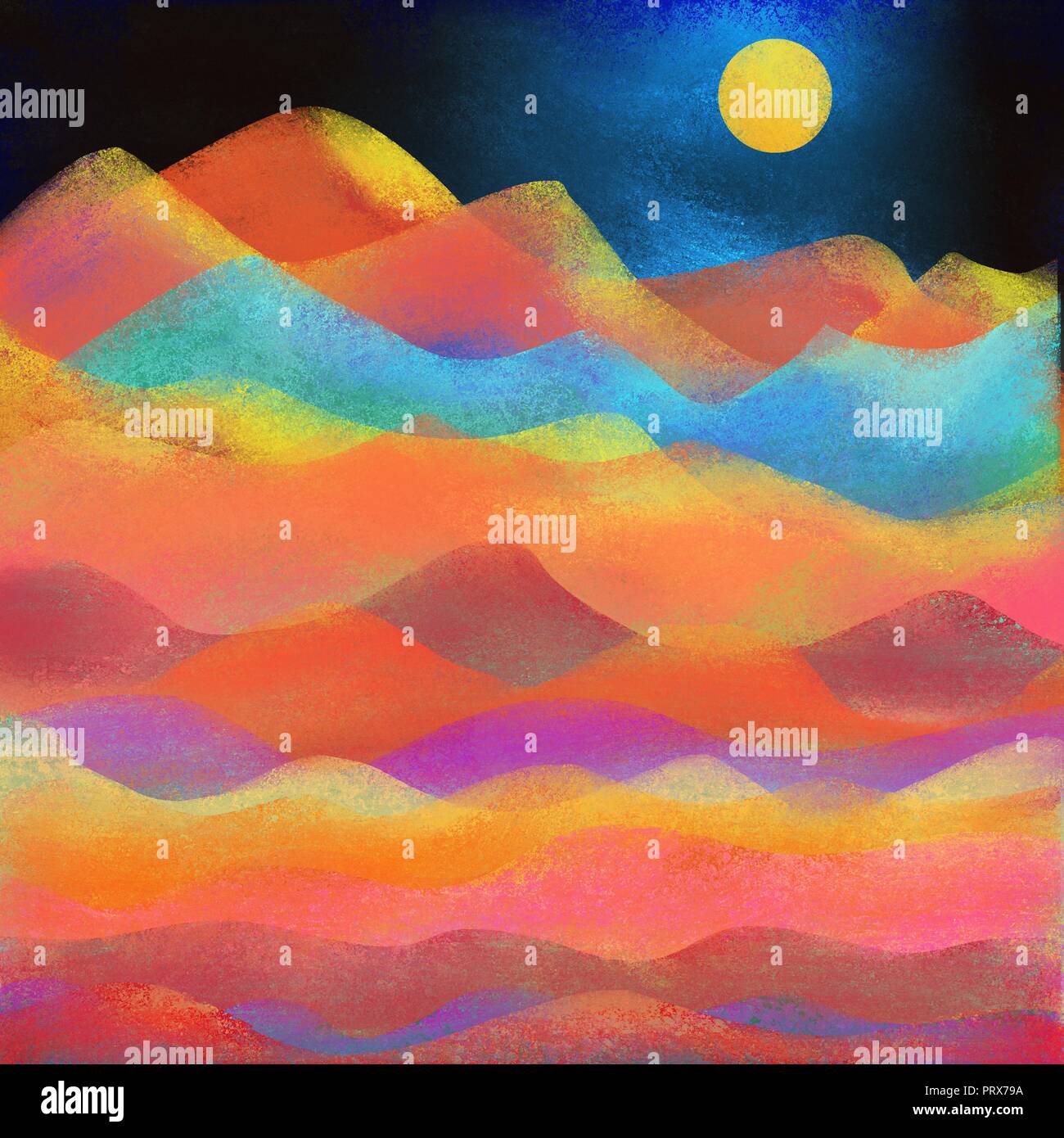 mountain range background in abstract modern art design with full moon in night sky, painted colorful waves and hills in orange purple red and blue Stock Photo