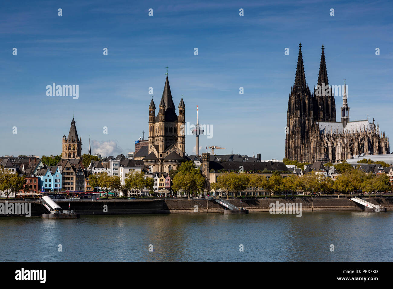 View of the historic centre of Cologne on the Rhine with churches Great St Martin and Cologne Cathedral, Cologne, Germany Stock Photo