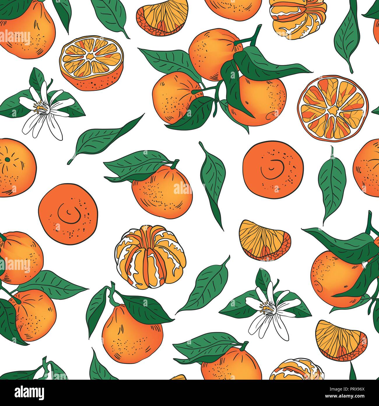 Seamless orange mandarin tangerine with leaves vector pattern. Colorful background Stock Vector