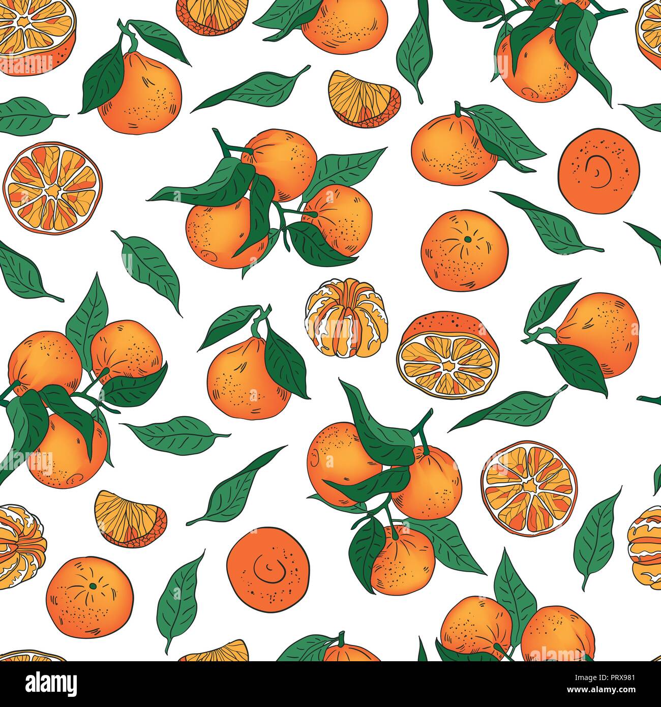 Seamless vector pattern of whole and peeled tangerines and leaves on a white background Stock Vector
