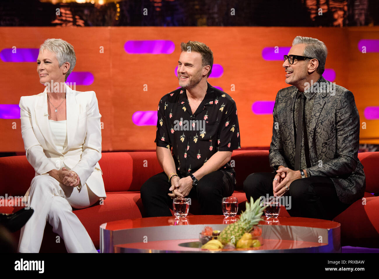 Left to right) Jamie Lee Curtis, Gary Barlow, and Jeff Goldblum during the  filming of the Graham Norton Show at BBC Studioworks 6 Television Centre,  Wood Lane, London, to be aired on