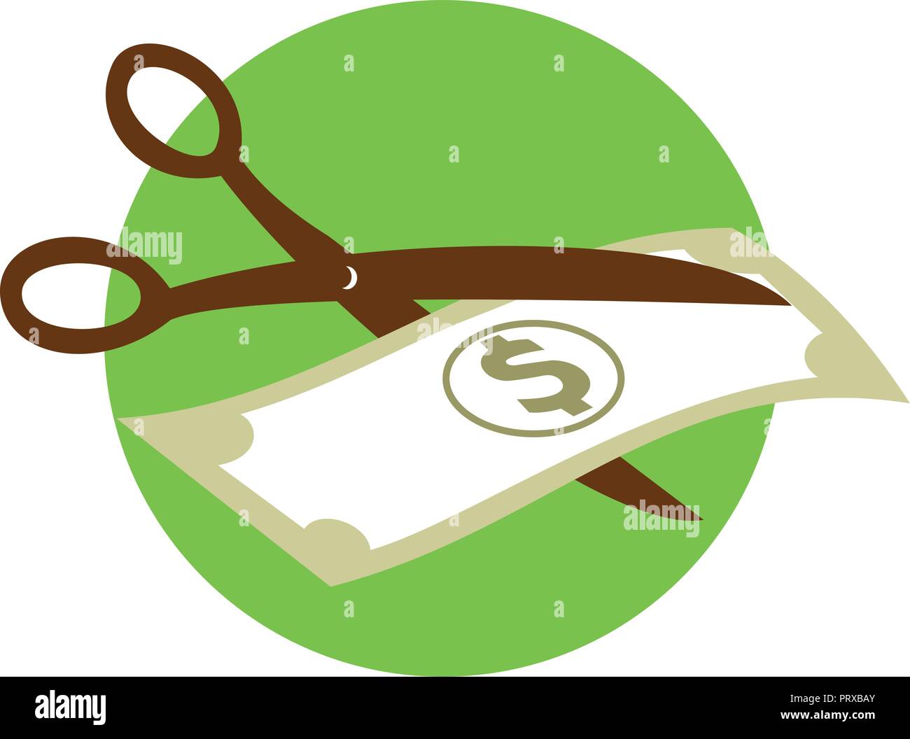 Retro style illustration of pair of scissors clipping cutting dollar bill in half to symbolize cost cutting on isolated background. Stock Vector