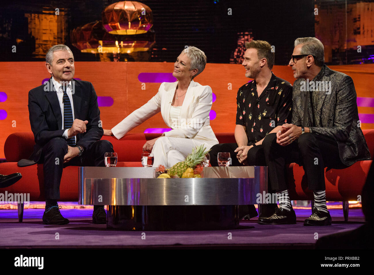 (Left to right) Rowan Atkinson, Jamie Lee Curtis, Gary Barlow and Jeff