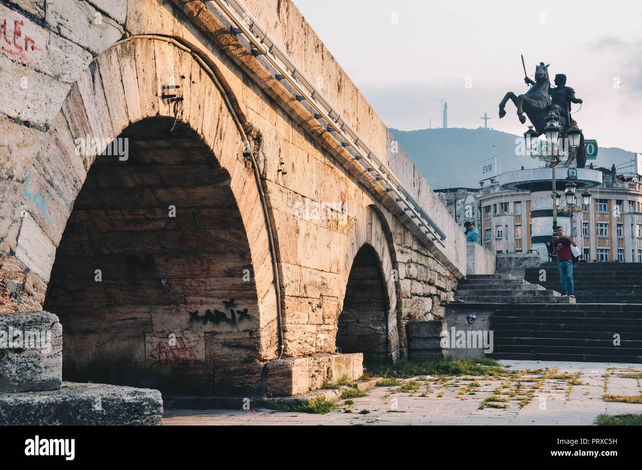Stone Bridge and Alexander the Great statue on Macedonia Square, Skopje, Republic of Macedonia, September 2018 Stock Photo