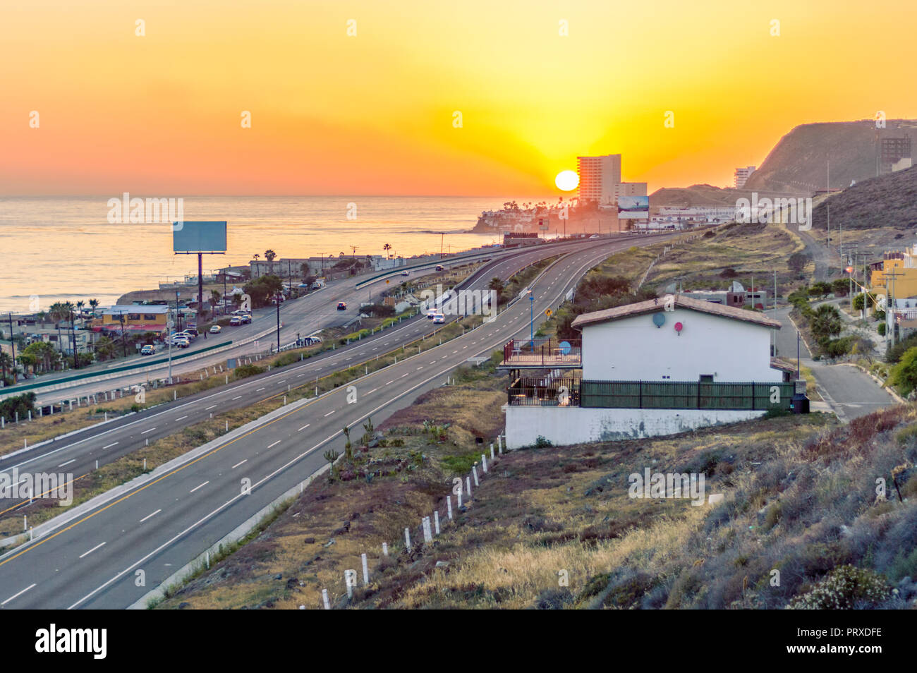 Rosarito, Baja California, Mexico. Sunset, room for text Stock Photo