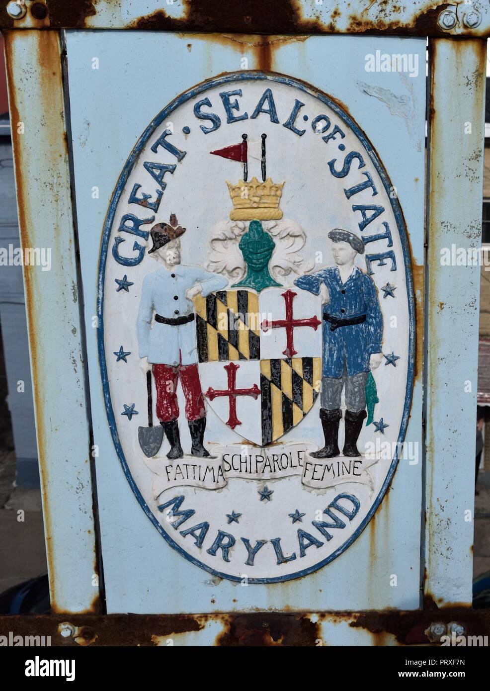 Public art in the form of great seals of the 13 original colonies along with Allegheny County found emblazoned and painted on the 40th Street Bridge Stock Photo