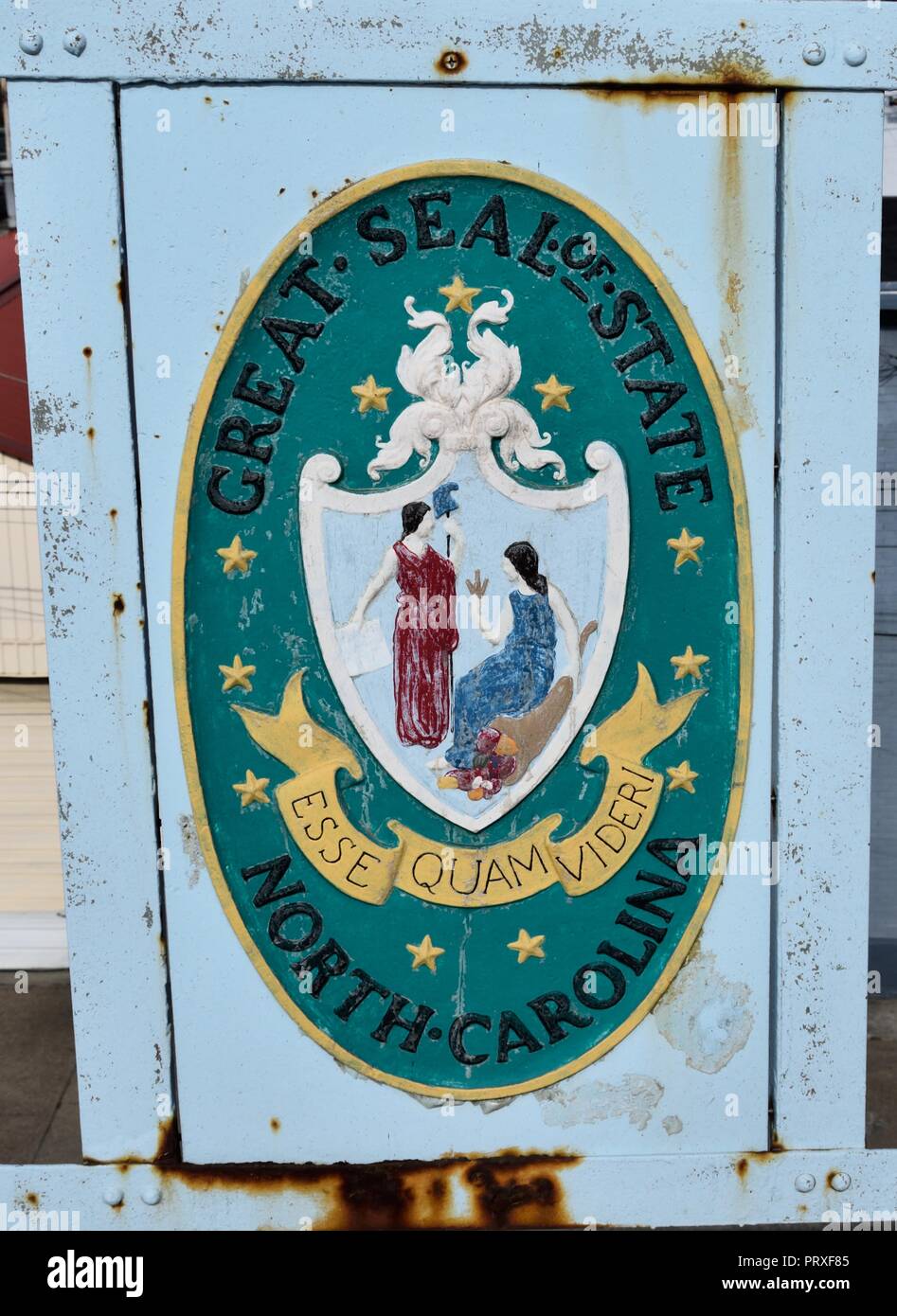 Public art in the form of great seals of the 13 original colonies along with Allegheny County found emblazoned and painted on the 40th Street Bridge Stock Photo