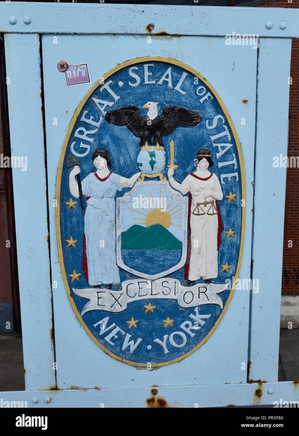 Public art in the form of great seals of the 13 original colonies along with Allegheny County found emblazoned and painted on the 40th Street Bridge Stock Photo