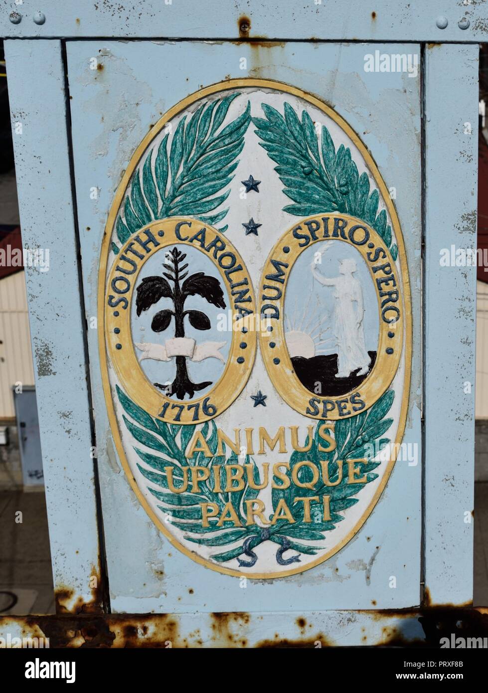 Public art in the form of great seals of the 13 original colonies along with Allegheny County found emblazoned and painted on the 40th Street Bridge Stock Photo