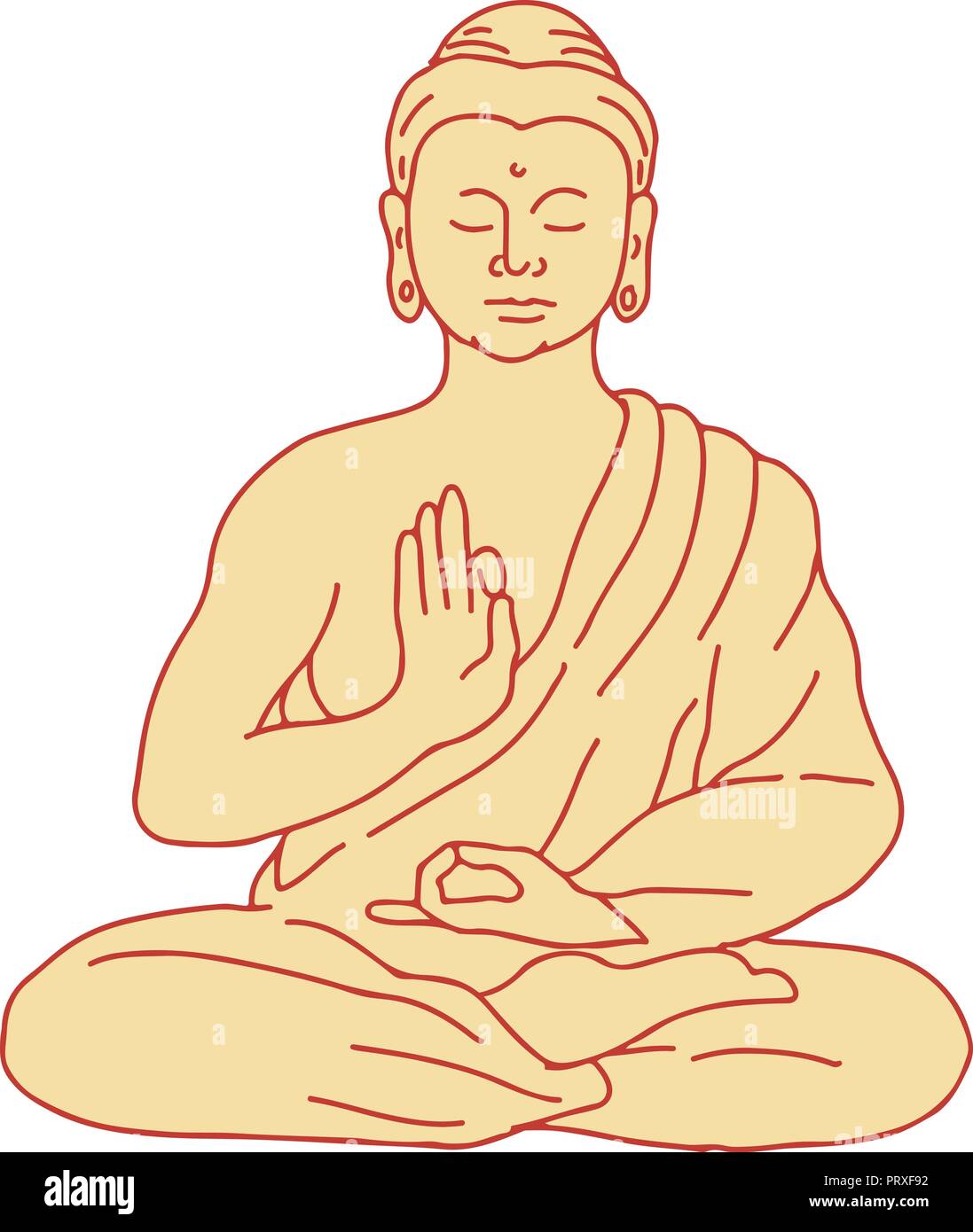 Drawing sketch style illustration of Gautama Buddha, Siddhartha Gautama or Shakyamuni Buddha sitting in lotus position viewed from front on isolated b Stock Vector