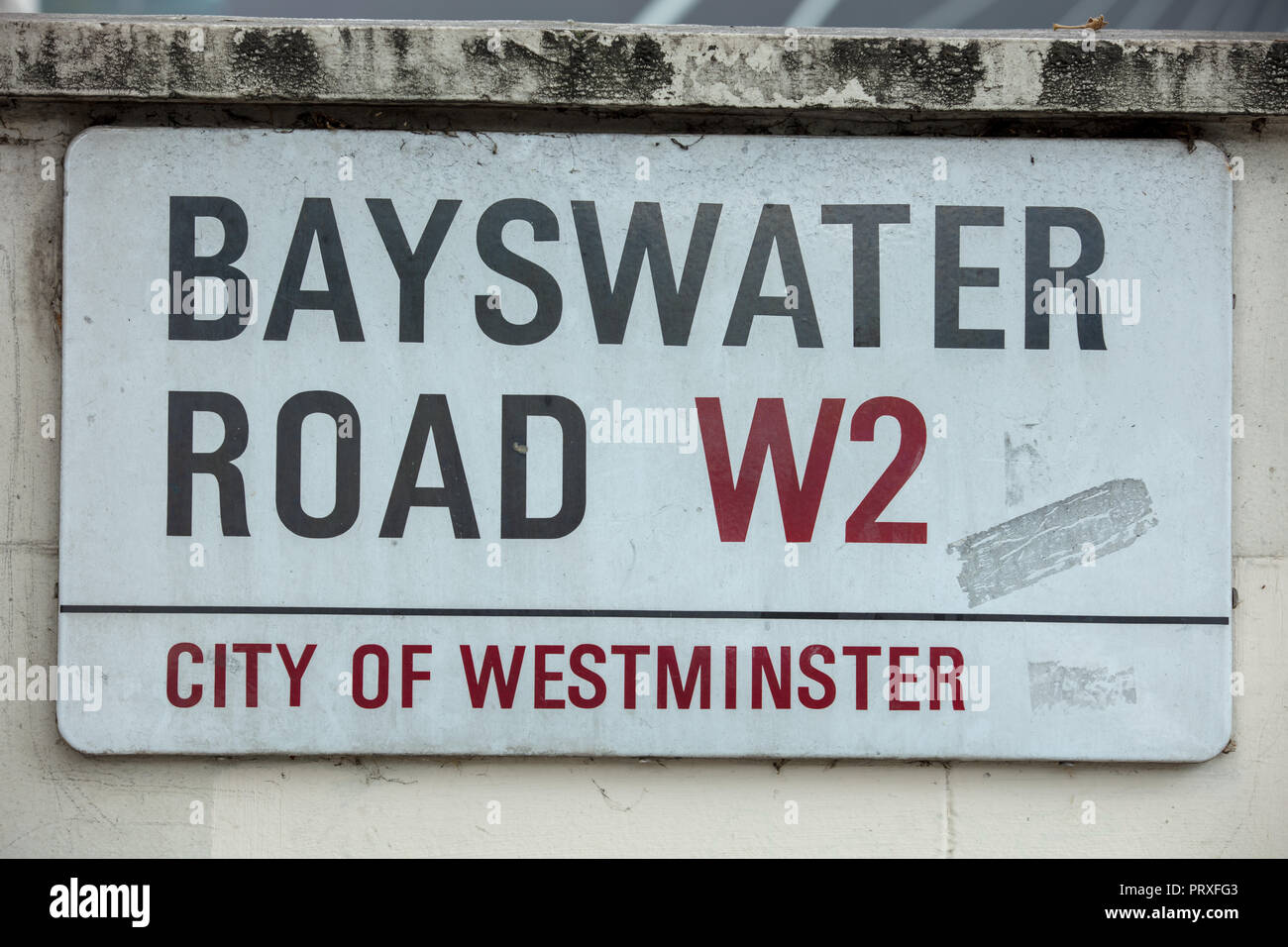 London, UK, street and road sign of Bayswater Road W2, in the City of Westminster. Stock Photo