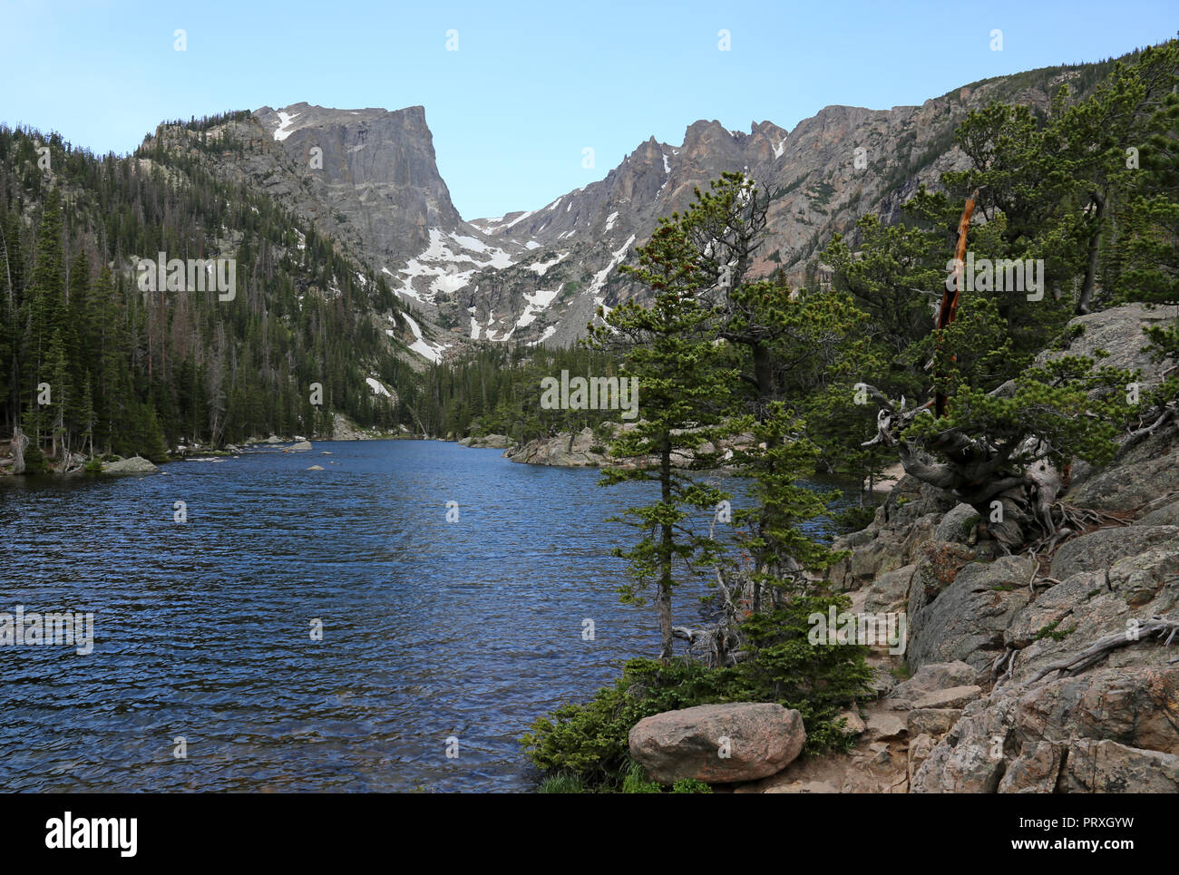 Dream lake with the Hallett Peak on the horizon, shot on trail to Emerald Lake in Rocky Mountain National Park, Colorado. Stock Photo