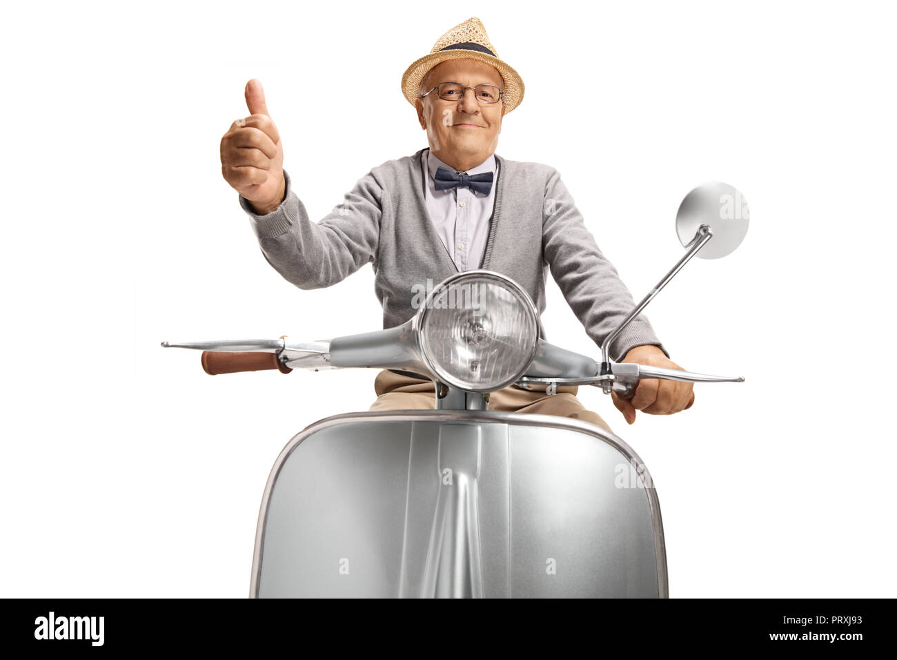 Senior Man Riding A Vintage Motorbike And Showing Thumbs Up Isolated On