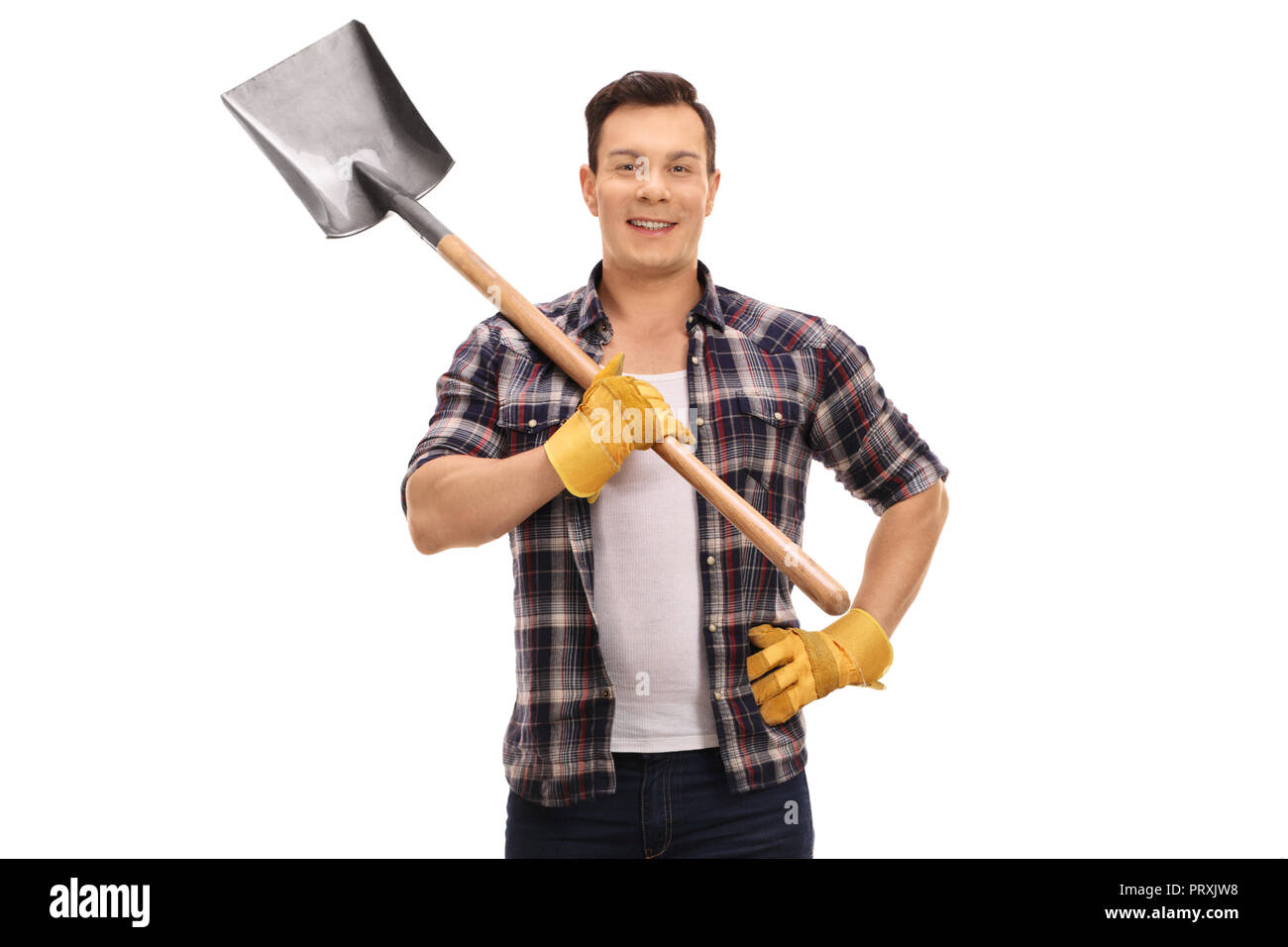 Farmer holding a shovel isolated on white background Stock Photo - Alamy
