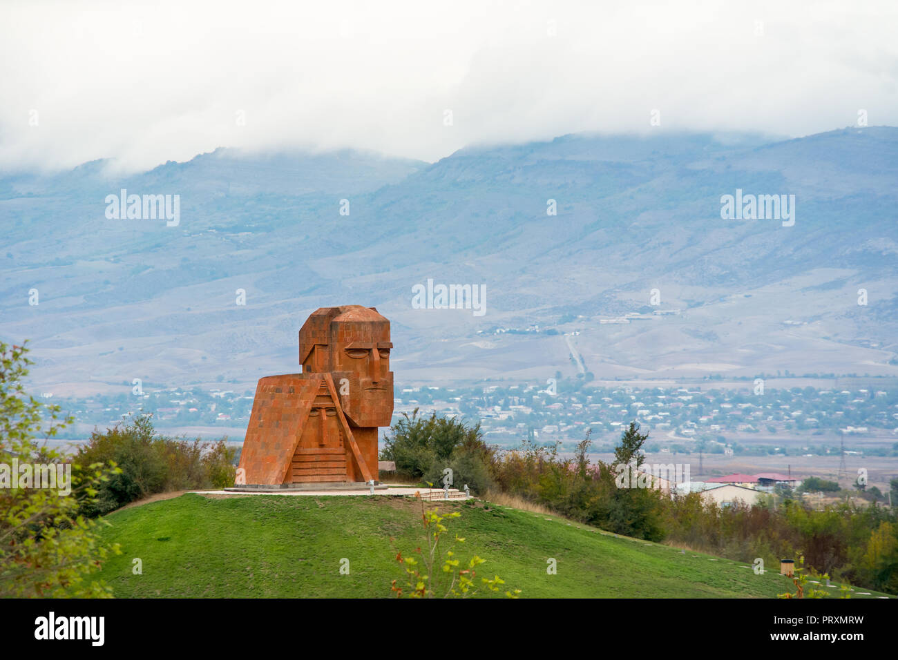 The 'We Are Our Mountains' sculpture on the out skirts of the capitol city Stepanakert of the disputed Nagorno-Karabakh Republic, as known as the Repu Stock Photo