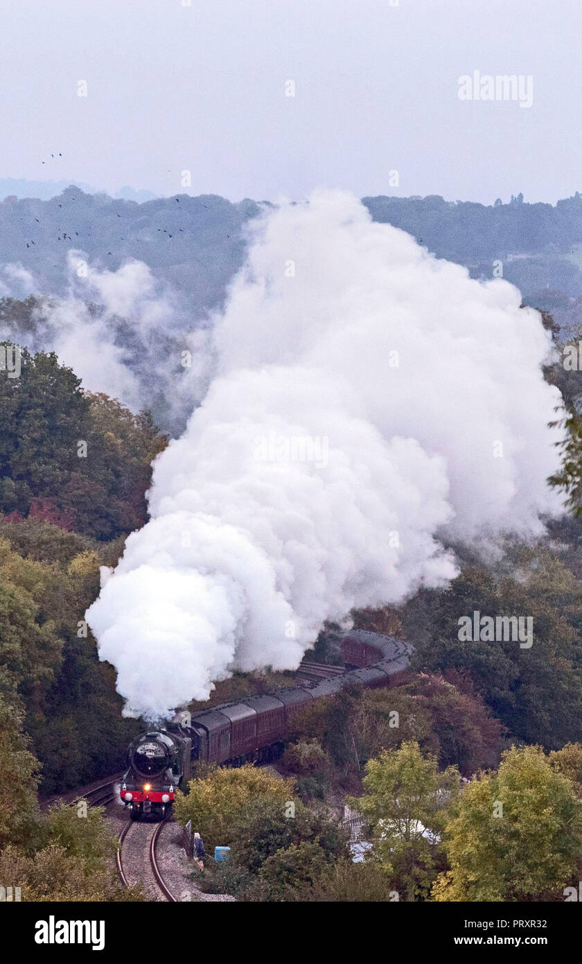 The Flying Scotsman climbs Dainton Bank near Newton Abbot in Devon during its journey through Devon and Cornwall, as it travels for the first time in 15 years. Stock Photo