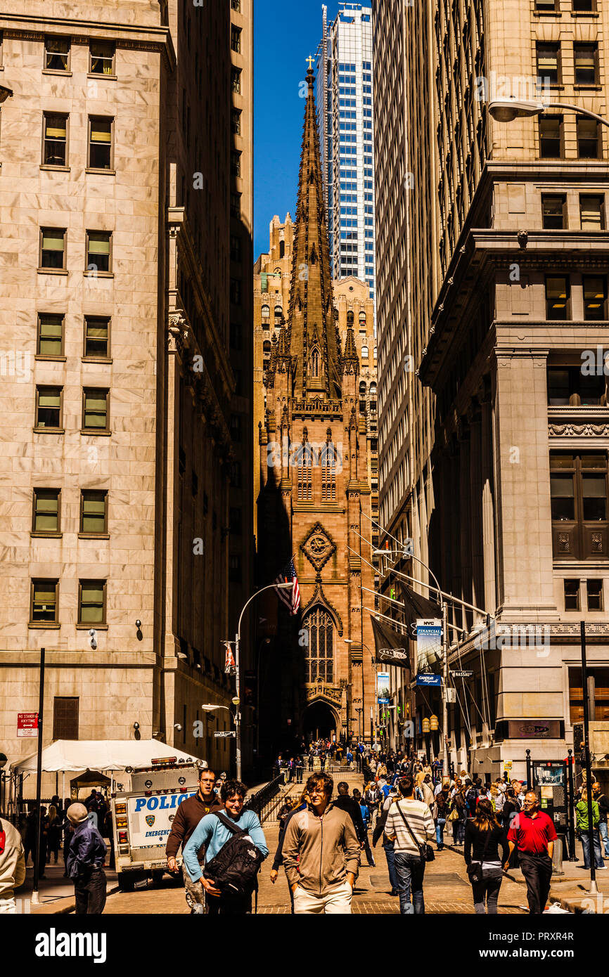 Trinity Church from Wall Street Manhattan   New York, New York, USA Stock Photo