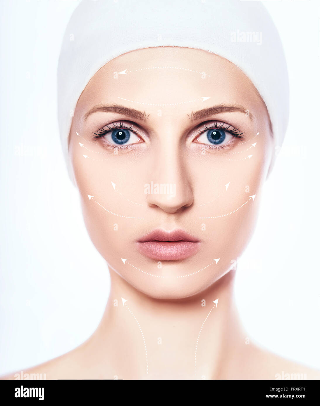 beautiful woman with arrows on face , facial surgery and Botulinum Toxin Injection Stock Photo