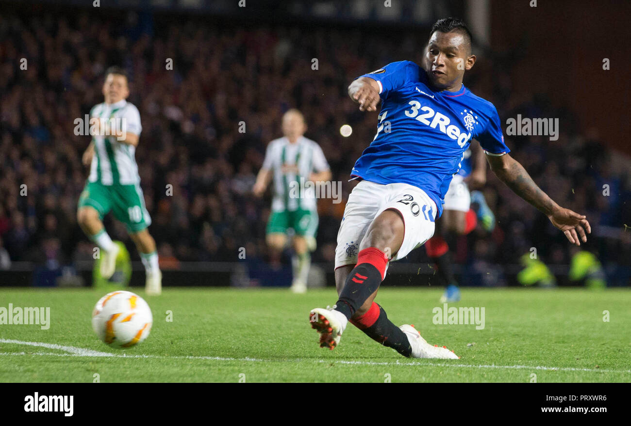 Rangers Alfredo Morelos scores his side's third goal of the game during