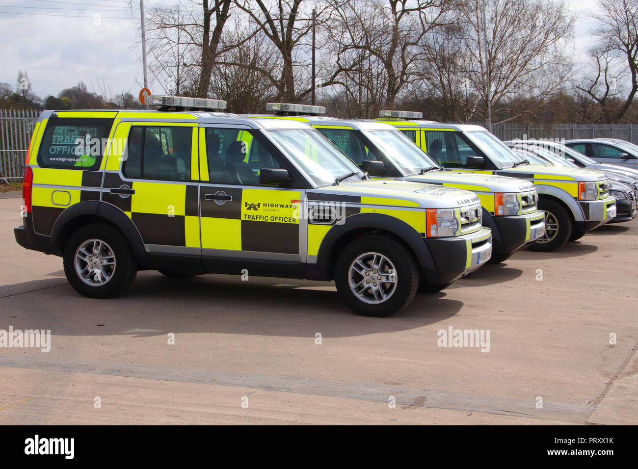 Highways Agency Traffic Officers vehicles parked in a compound at Perry Barr, Birmingham Stock Photo