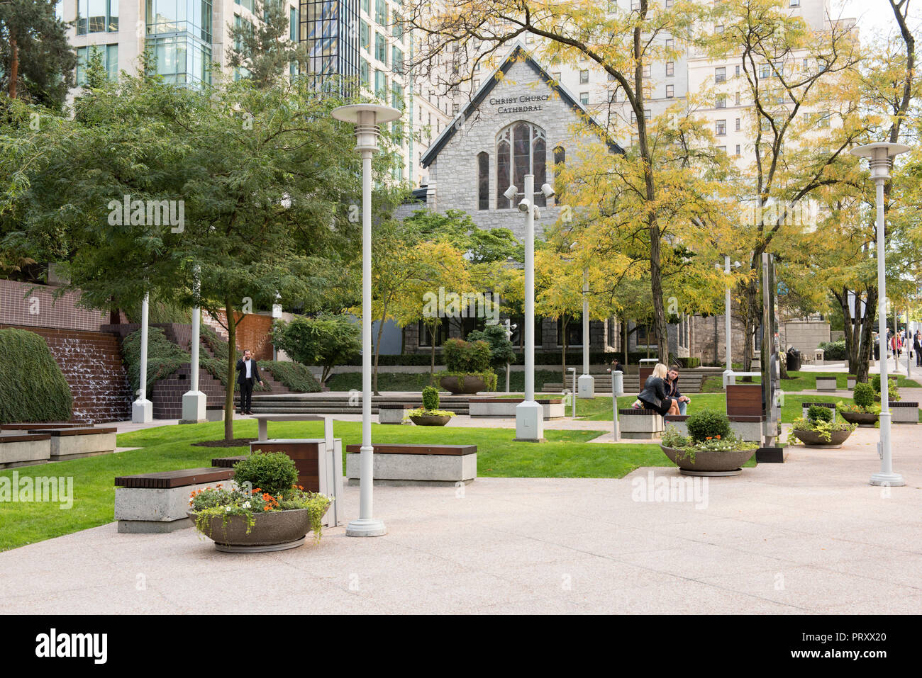 Public Park on the North side of Christ Church Cathedral on Burrard Street, Vancouver City. Stock Photo