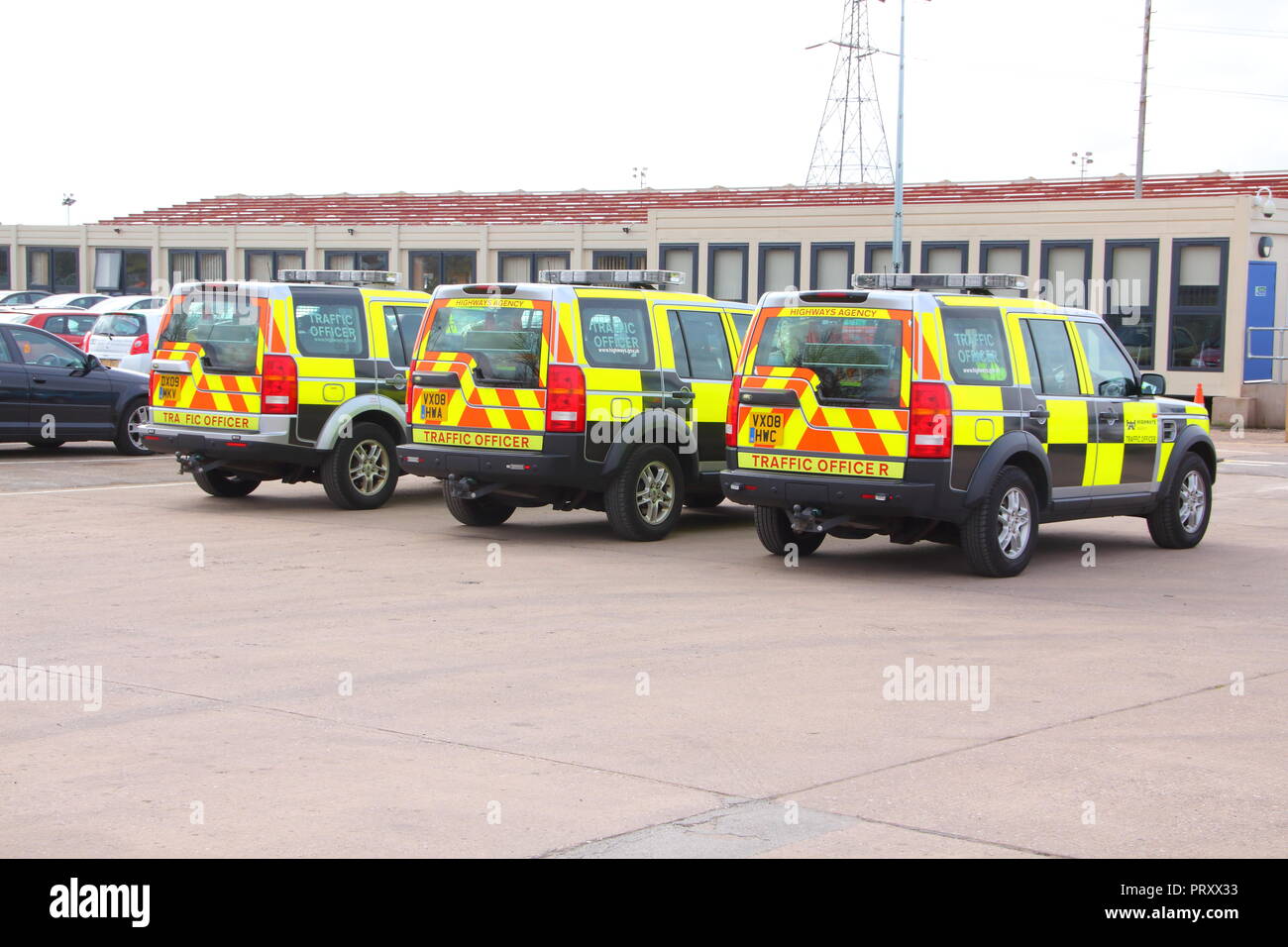 Highways Agency Traffic Officers vehicles parked in a compound at Perry Barr, Birmingham Stock Photo