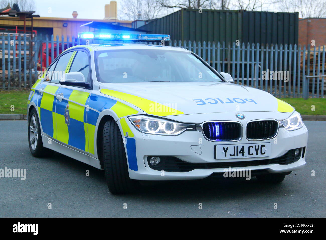 A BMW Police Car from West Yorkshire Police at an incident in Garforth, Leeds, West Yorkshire. Stock Photo