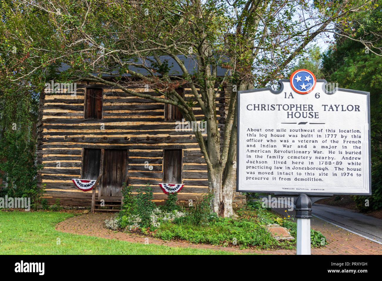 JONESBOROUGH, TN, USA-9/29/18:   Christopher Taylor log house, built in 1777.  Andrew Jackson lived here while practicing law in Jonesborough. Stock Photo