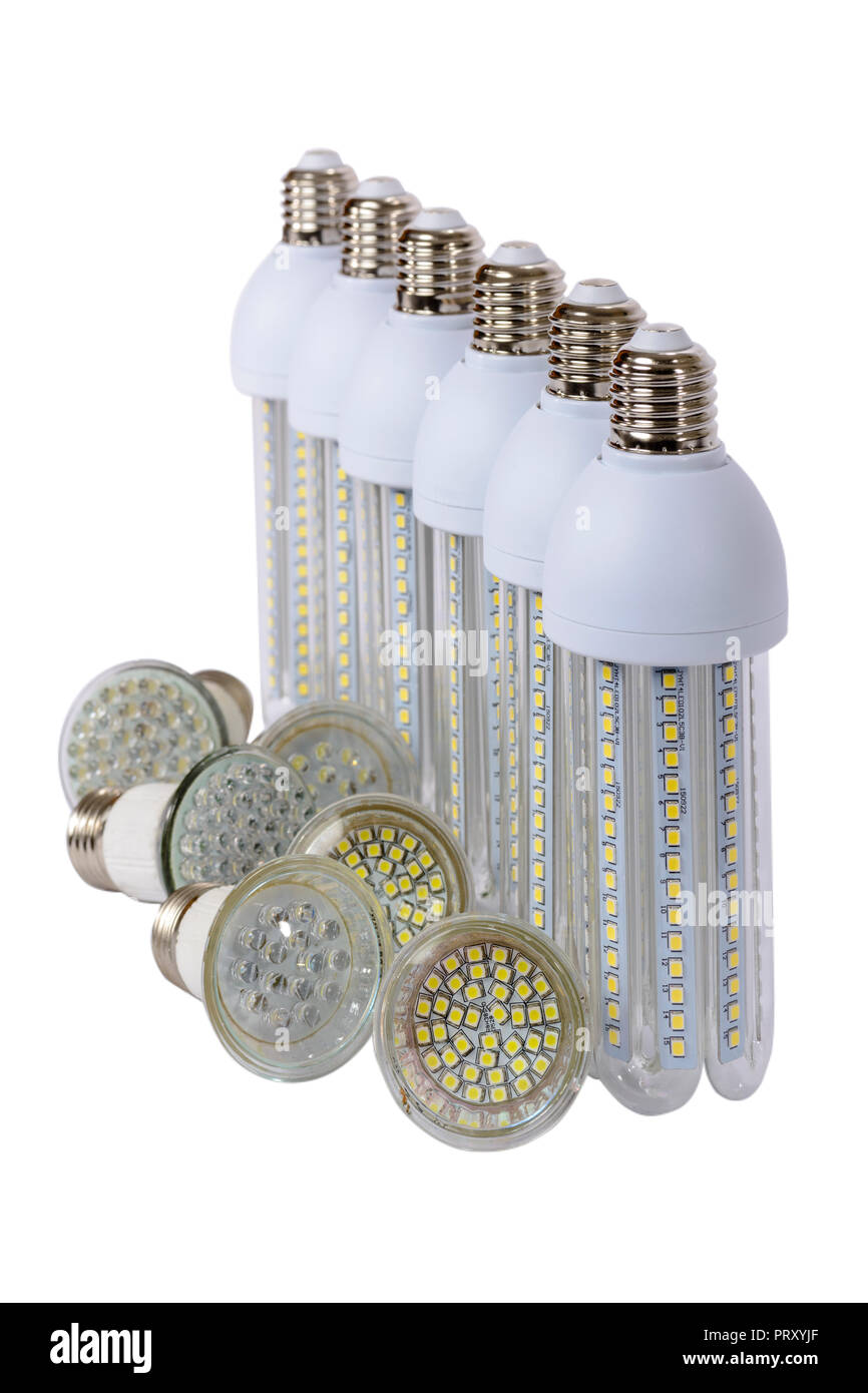 Series of new generation LED lamps with high brightness. White background and E27 socket. White background. Stock Photo