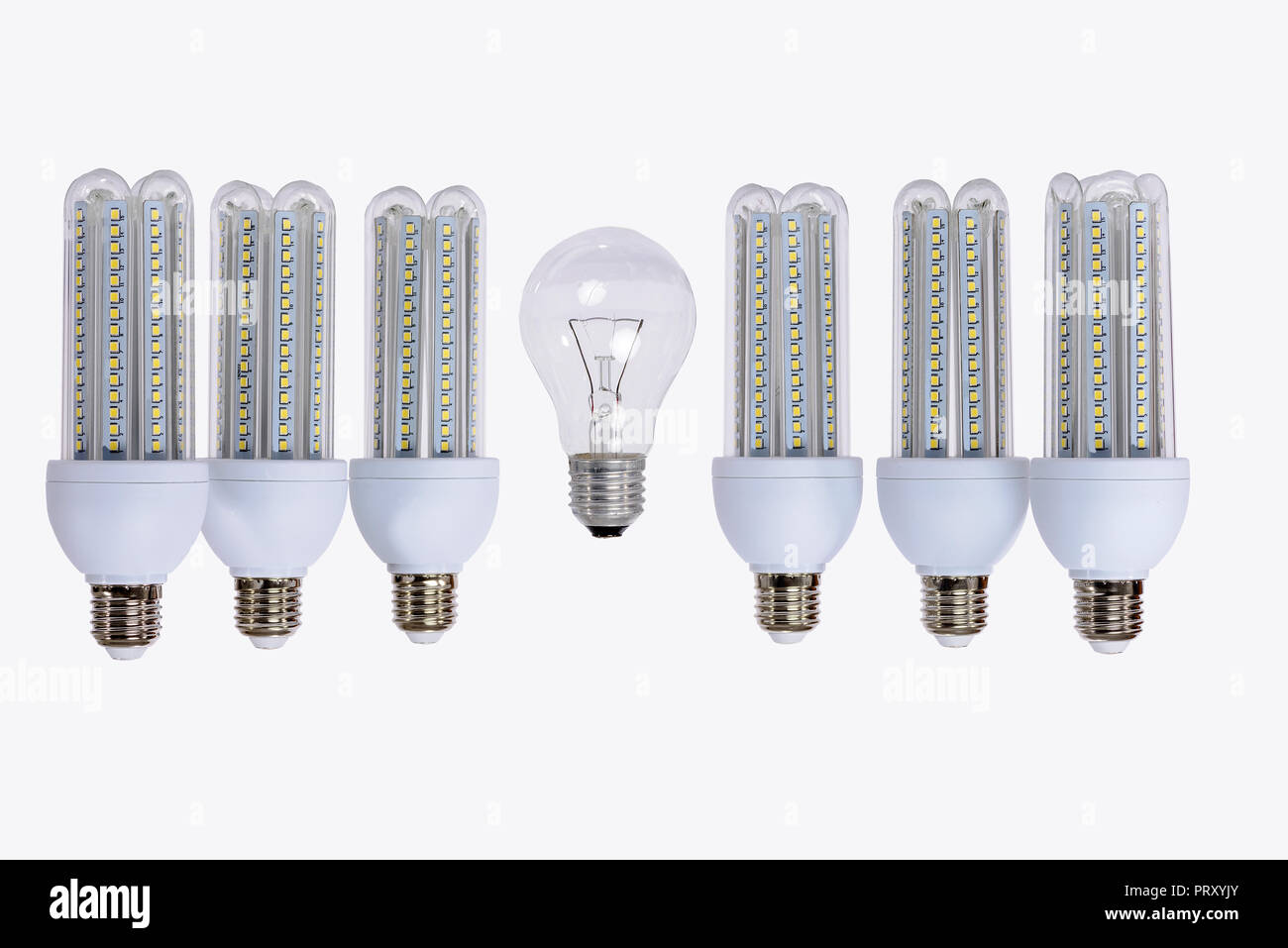 Series of new generation LED lamps with high brightness. White background and E27 socket. White background. Stock Photo
