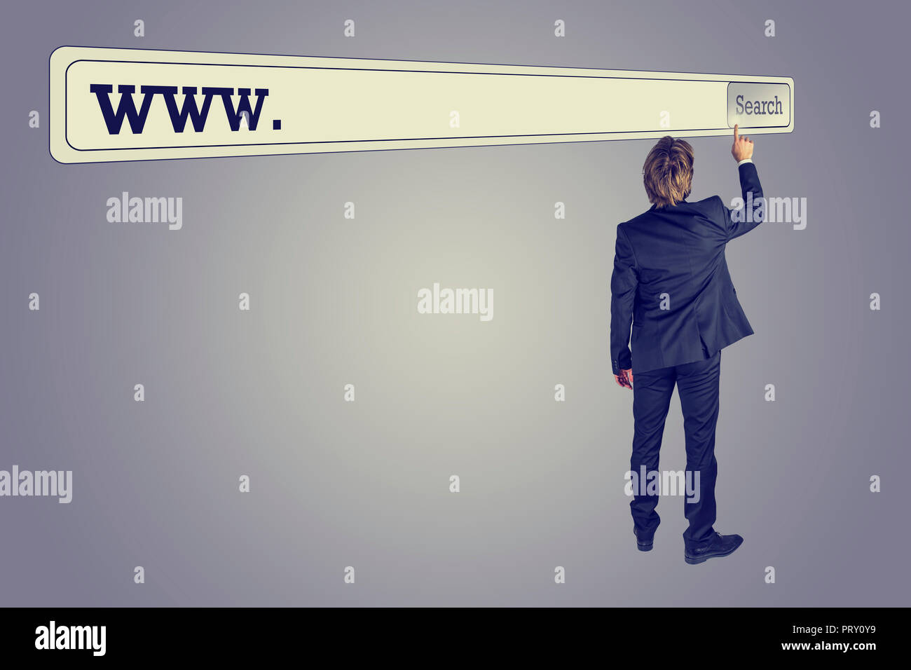 Rear view of a man wearing business suit searching for a web address touching the button of a huge virtual search bar placed above his head on retro g Stock Photo