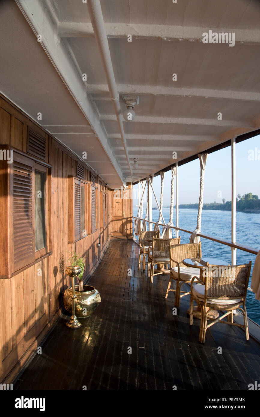 The deck of the historic MS Sudan steamship sailing on the Nile at Edfu, Egypt. Stock Photo