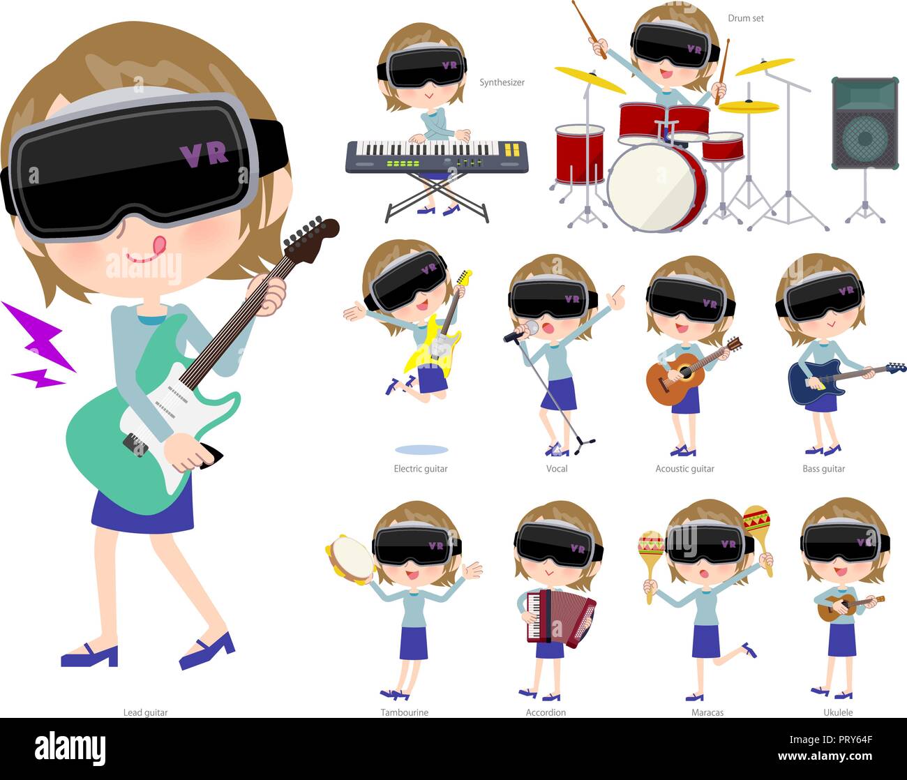 A set of women wearing virtual reality goggles playing rock 'n' roll and  pop music.There are also various instruments such as ukulele and  tambourine.I Stock Vector Image & Art - Alamy