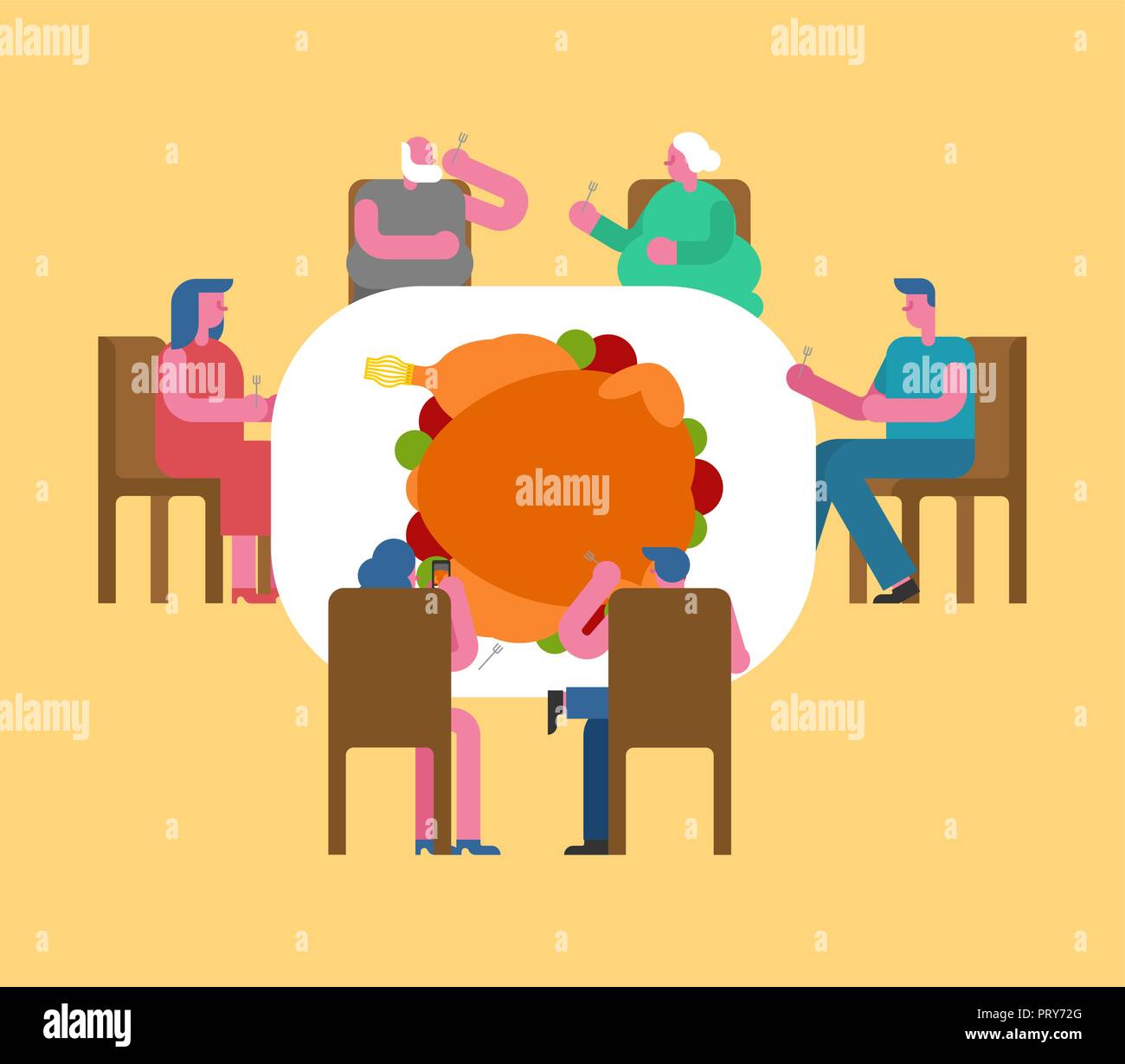 Thanksgiving family dinner. Turkey on big table. Traditional Autumn holiday. Relatives eat. Father and mother. Grandmother and grandfather. Stock Vector