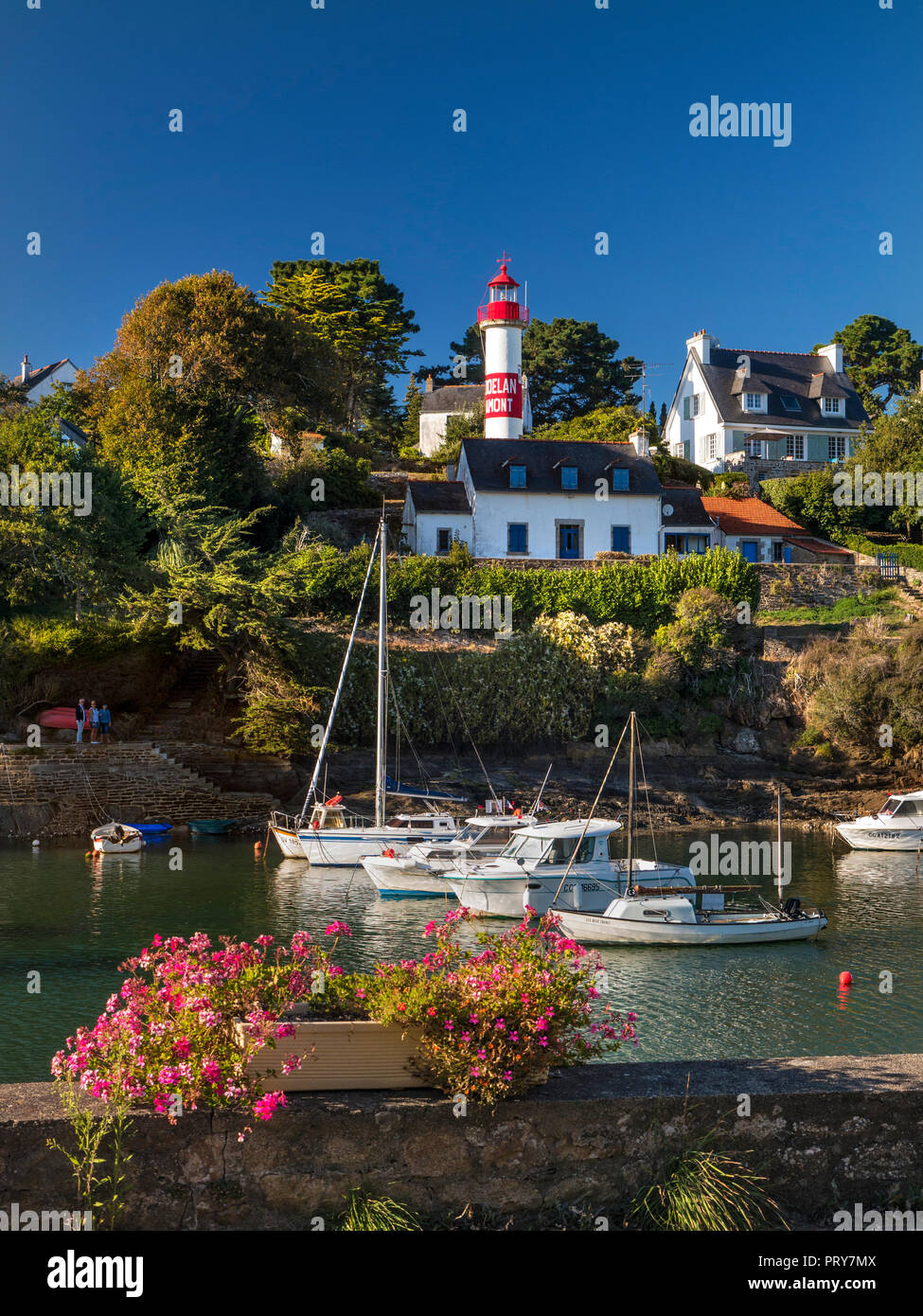 DOELAN FINISTERE BRITTANY FRANCE FLOWERS fishing port harbour with lighthouse and sailing boats at Doëlan, Moelan sur Mer, Finistere, Brittany France Stock Photo