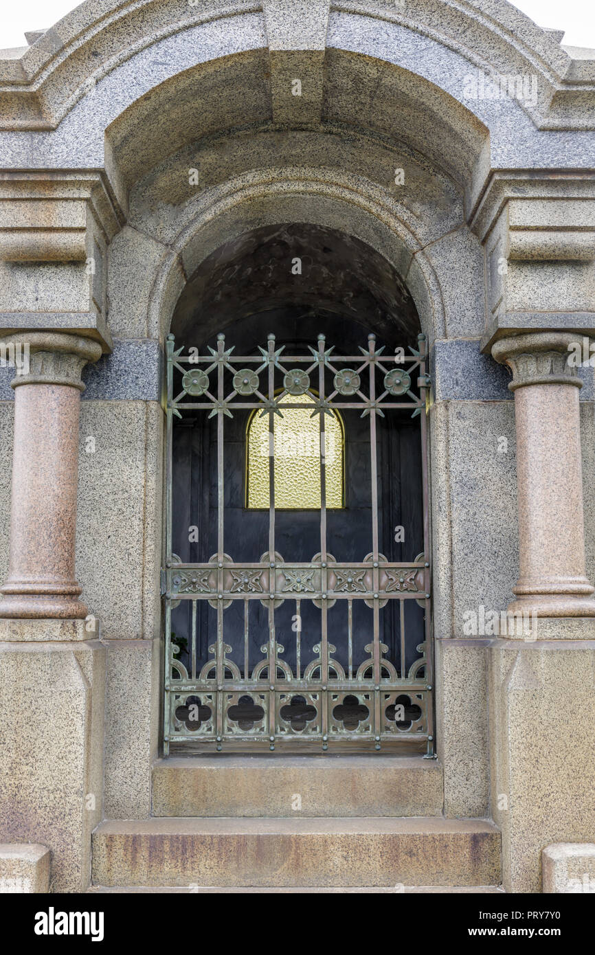 Mausoleum Entrance in Mountain View Cemetery. Stock Photo