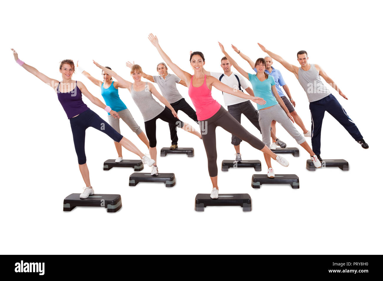 Group Of Fit People Doing Stretching Exercise On White Background Stock Photo