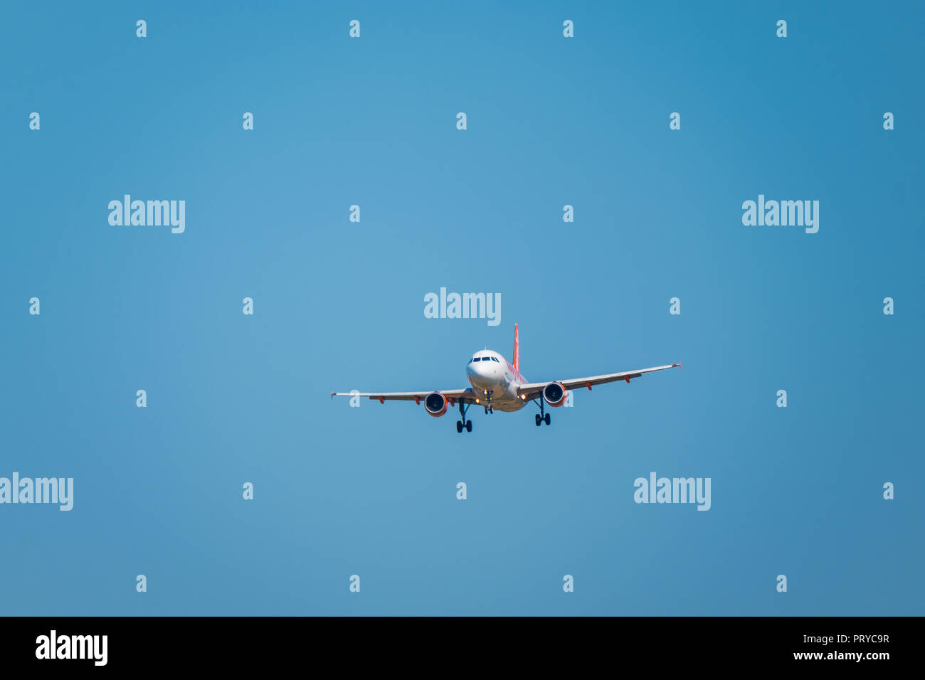 Swiss airlines airplane preparing for landing at day time in international airport Stock Photo