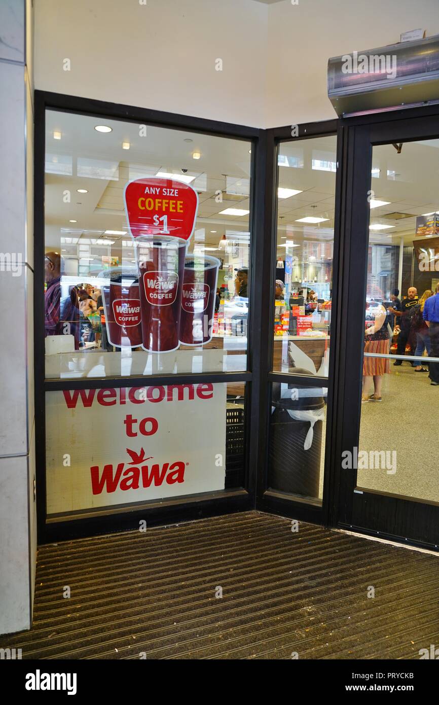 View of a Wawa coffee store in Philadelphia. Wawa is an East Coast chain of convenience stores. Stock Photo