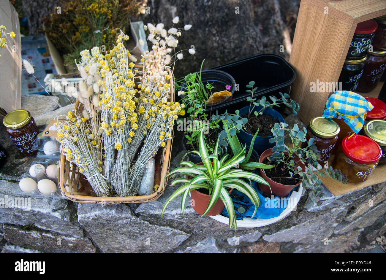 Outdoor market selling plants and food Stock Photo Alamy