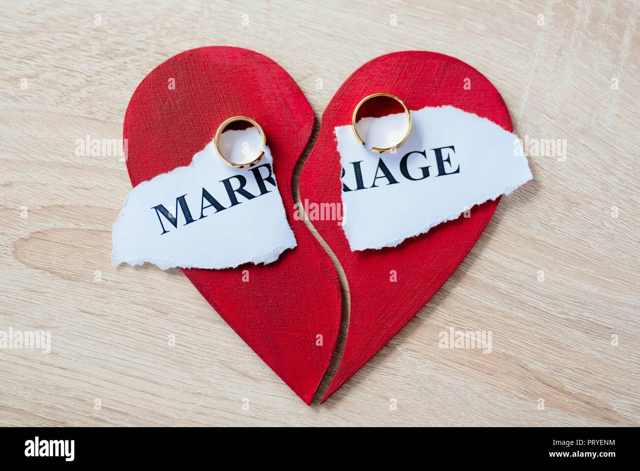 Divorce and separation concept. Two broken golden wedding rings on