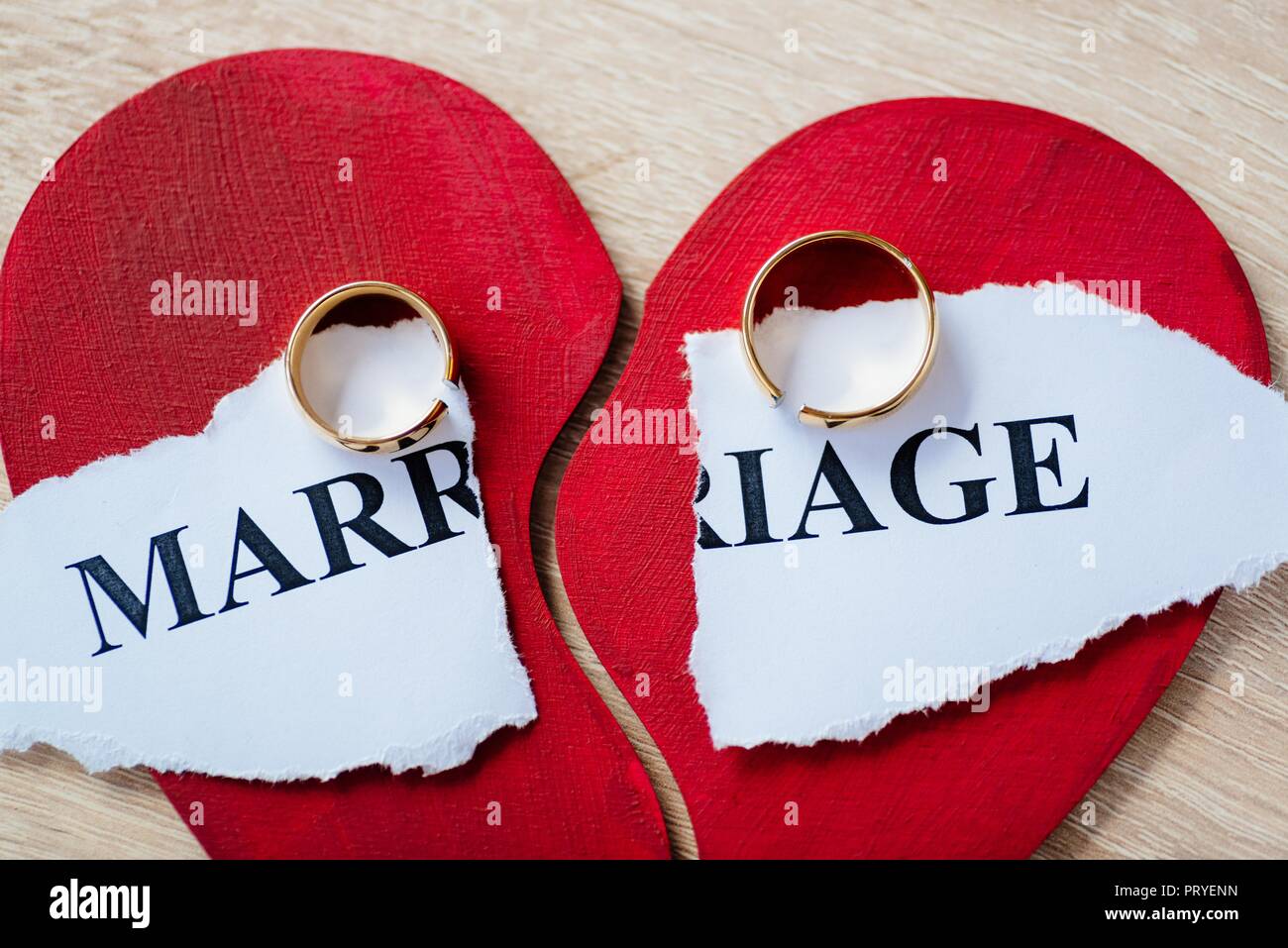 Divorce and separation concept. Two broken golden wedding rings on
