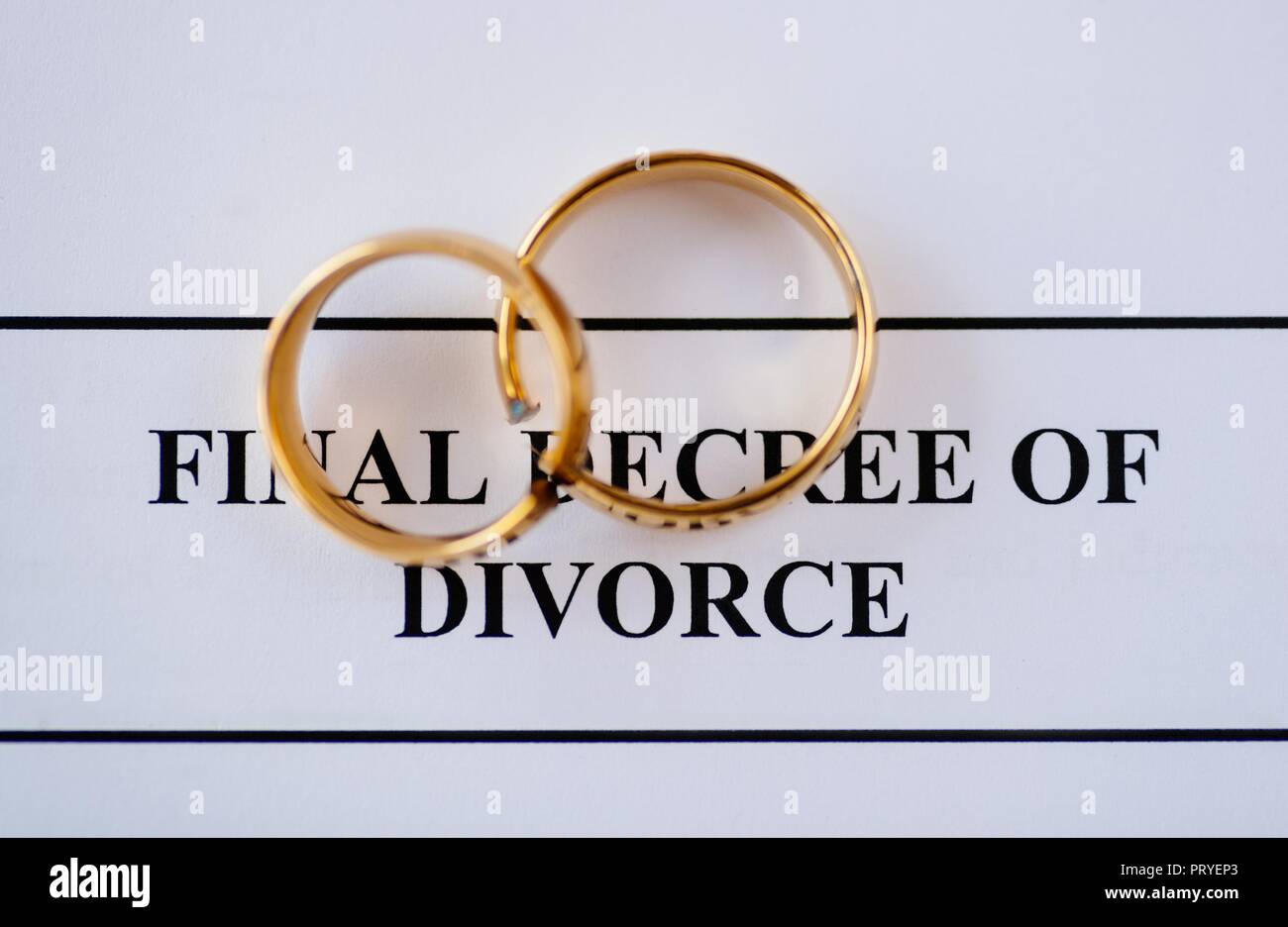 Broken golden wedding rings divorce decree document. Divorce and