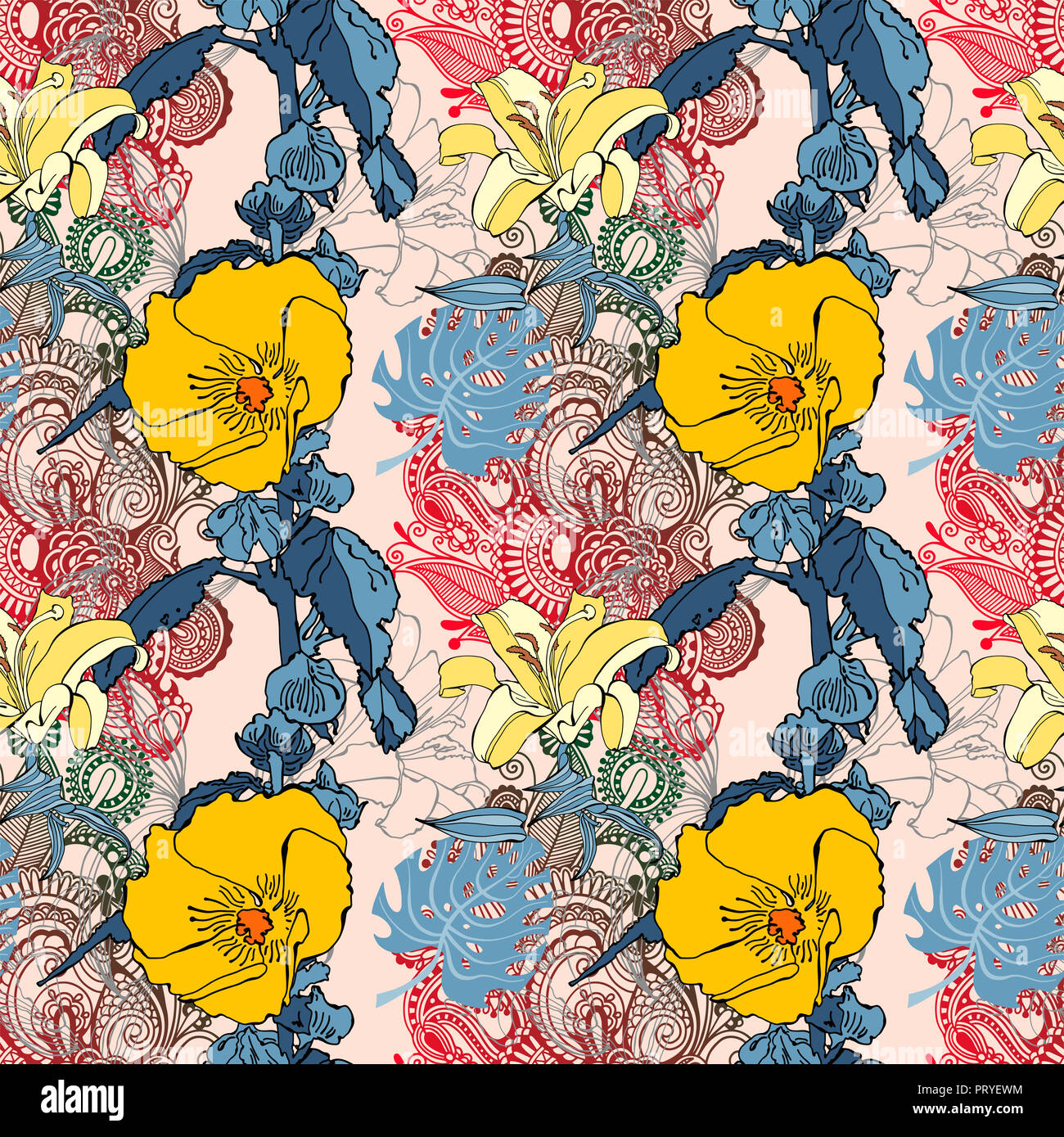 Artsy Flower Pattern original trendy seamless artistic flower pattern, beautiful tropical ...