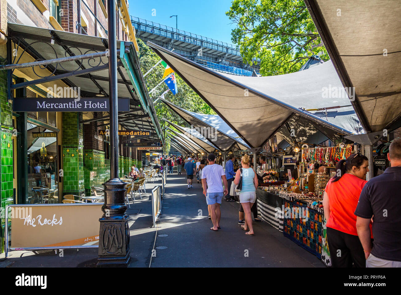 Market stalls and cafe in The Rocks, Sydney Harbour, Sydney, Australia on 29 September 2013 Stock Photo