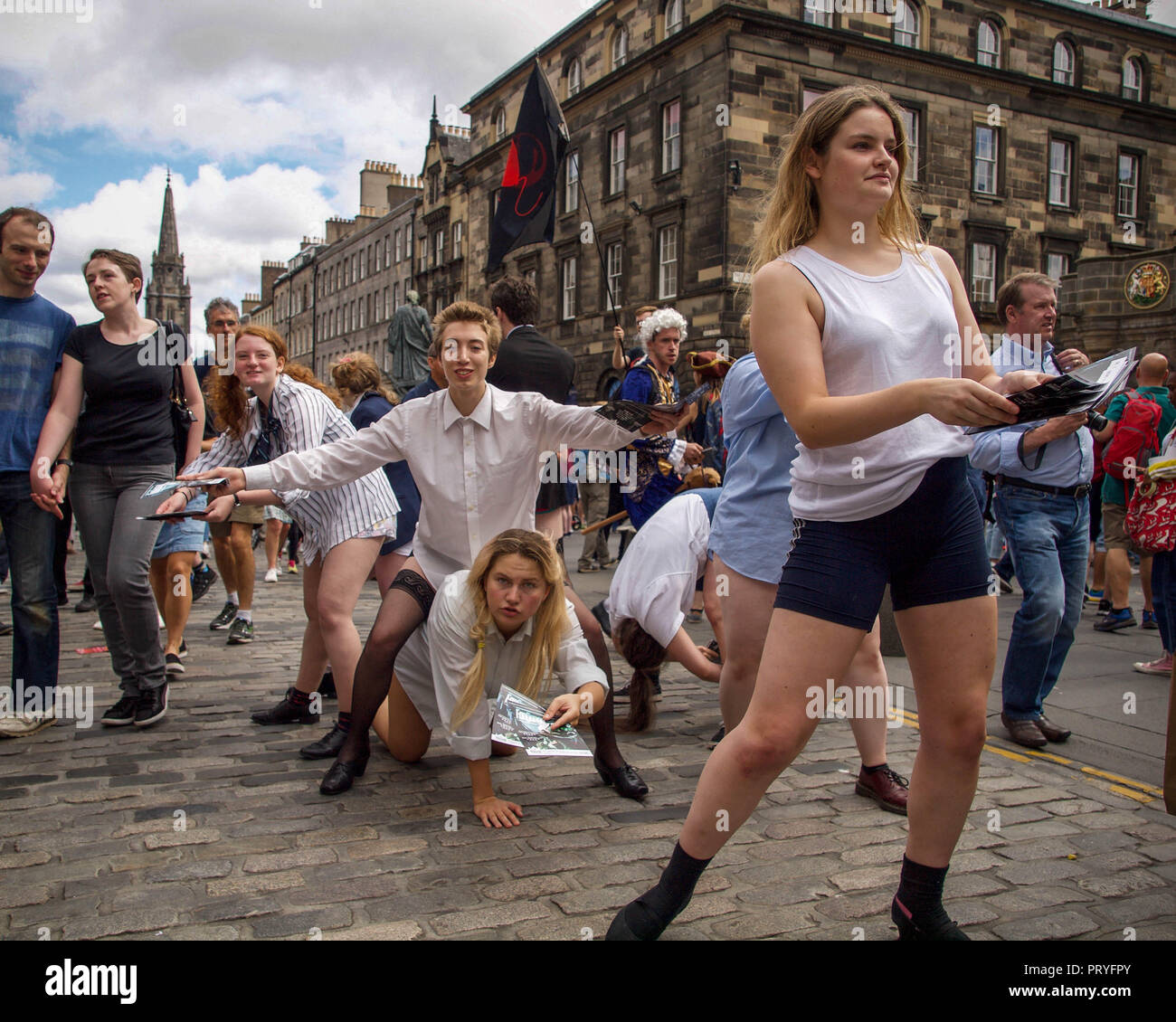 Actors without trousers performing preview on the Royal Mile at Edinburgh Fringe Festival Stock Photo