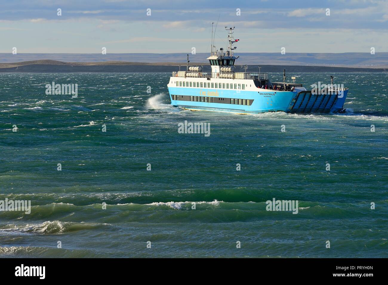 Ferry from Bahia Azul to Punta Delgada via the Strait of Magellan, Tierra del Fuego Province, Tierra del Fuego, Chile Stock Photo