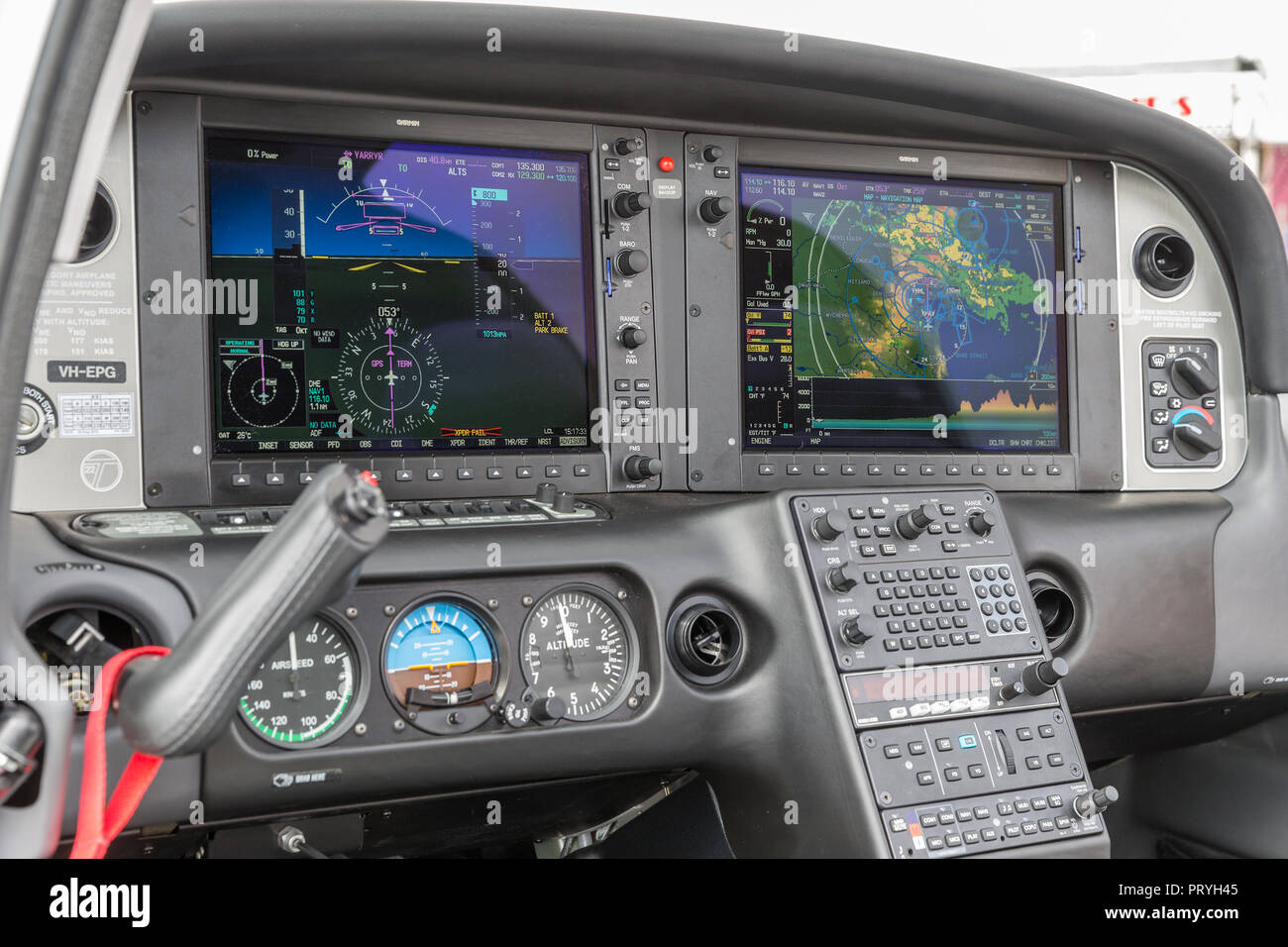 Cockpit of Cirrus SR22T VH-EPG high performance light aircraft. Stock Photo