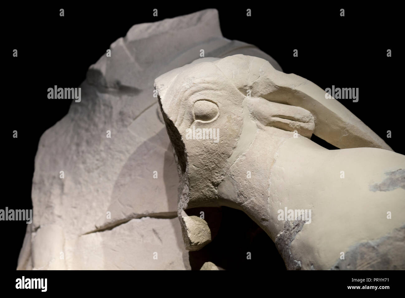 Jaen, Spain - December 29th, 2017: Sculpture depicting the Iberian Goddess of rams, Cerrillo Blanco, Porcuna at Iberian Museum of Jaen. Animal head de Stock Photo