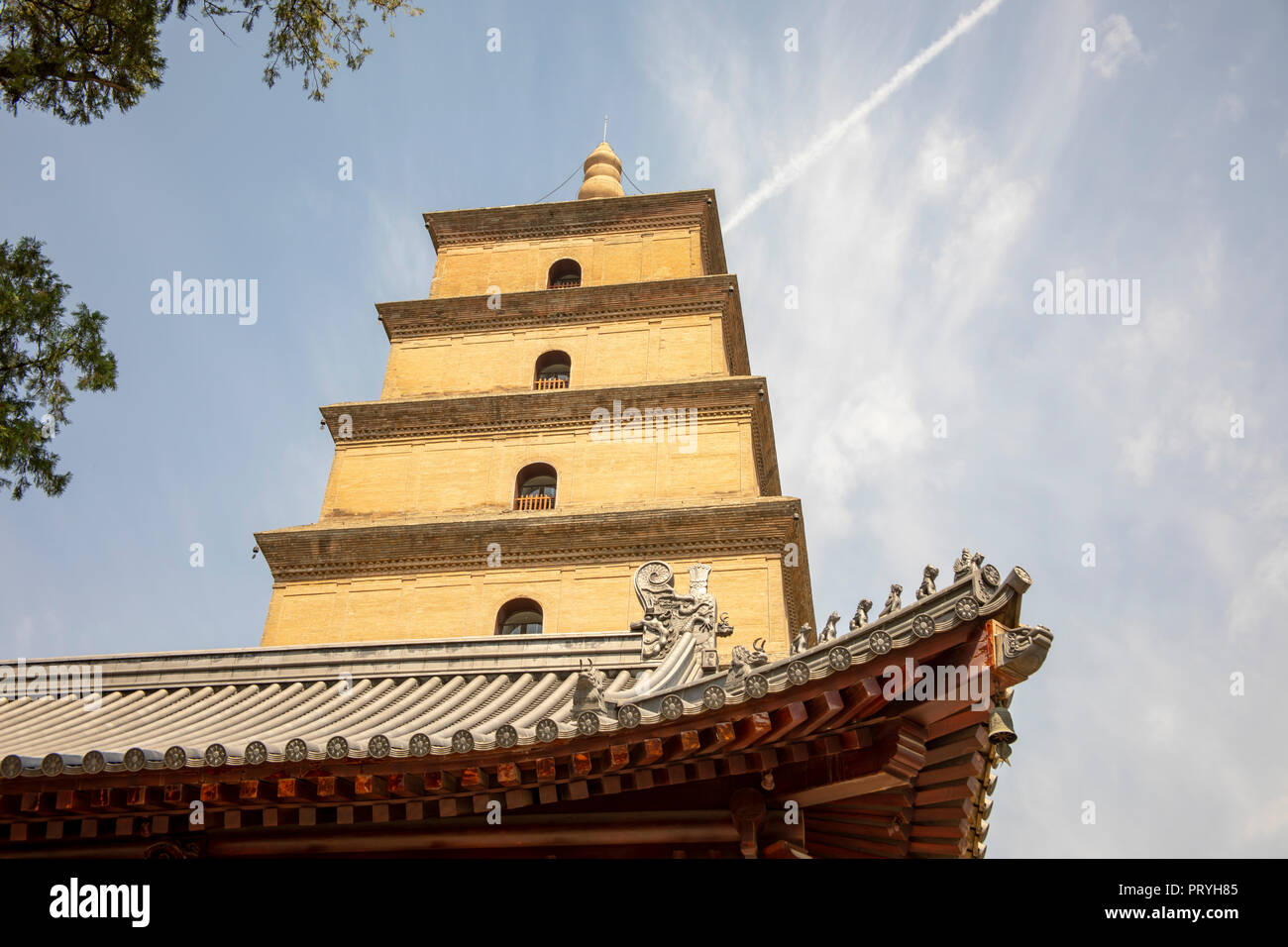 Roof details on Big WIld Goose Pagoda in Xi'an, Shaanxi Providence, China against blue skies on sunny day. Stock Photo